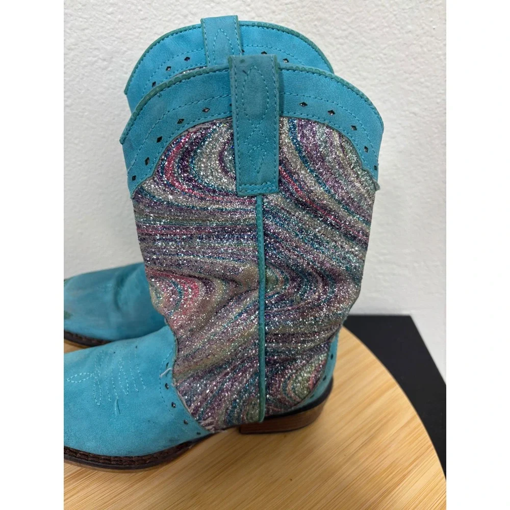 Roper Boots Girl Toddler 10 Glitter Swirl Blue Western Cowboy Sparkly Faux Suede